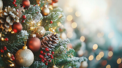 
Beautiful festive decorations on the Christmas tree. Close-up. Beautiful Christmas background. The concept of decorations and decor for the new year. New Year's Card 2025