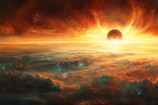 Dramatic apocalyptic sunset with fiery sky and glowing celestial body