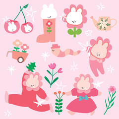 seamless pattern with animals, set of trees, flowers in pots, rabbit with gift, bunny and Santa, Christmas and cute bunny, element Christmas animal, card Christmas, set cute Christmas, draw vector cut