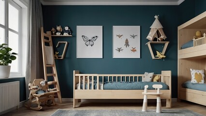 Poster mock-up in the kids' area. Children's room decorated with a Nordic theme. three-dimensional drawing.Poster mock-up in the kids' area. Children's room decorated with a Nordic theme. three-dimens