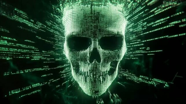 evil technology code skull face emerges from lines of code and looks menacingly out over the audience - a creepy looping animation with a technology doomsday, threat or evil theme - 60fps