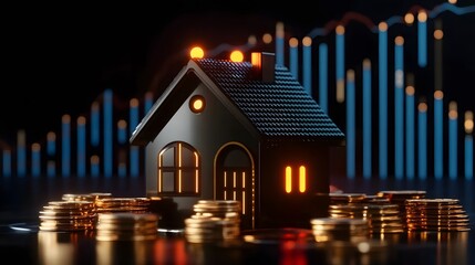 Small House with Glowing Lights, Surrounded by Coins, Upward Trend Graph, Dark Blue Black Gold Theme
