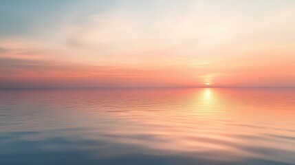 Obraz premium A pastel sunset over a calm sea, with the horizon blurring into a mirage-like effect of soft, warm colors.