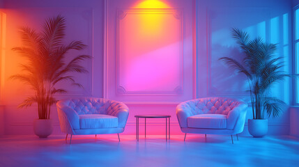 A stylish, modern living room with two cozy chairs, lush plants, and vibrant, colorful lighting in pink and blue hues.