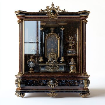 recommend clip art: 3D Render of a royal treasury display case with rare artifacts and jewels, on isolated white background