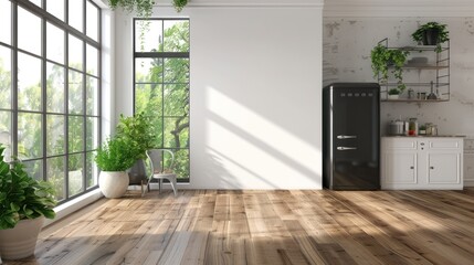 Obraz premium Modern Kitchen with Large Window and Black Refrigerator.