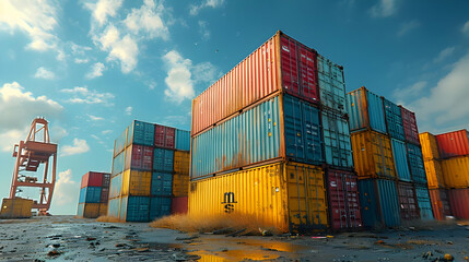 Fototapeta premium Colorful Shipping Containers at Sunset 3D Illustration