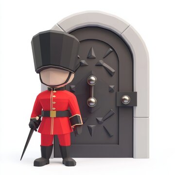recommend clip art: 3D Render of a royal treasury guard standing in front of a vault door, on isolated white background