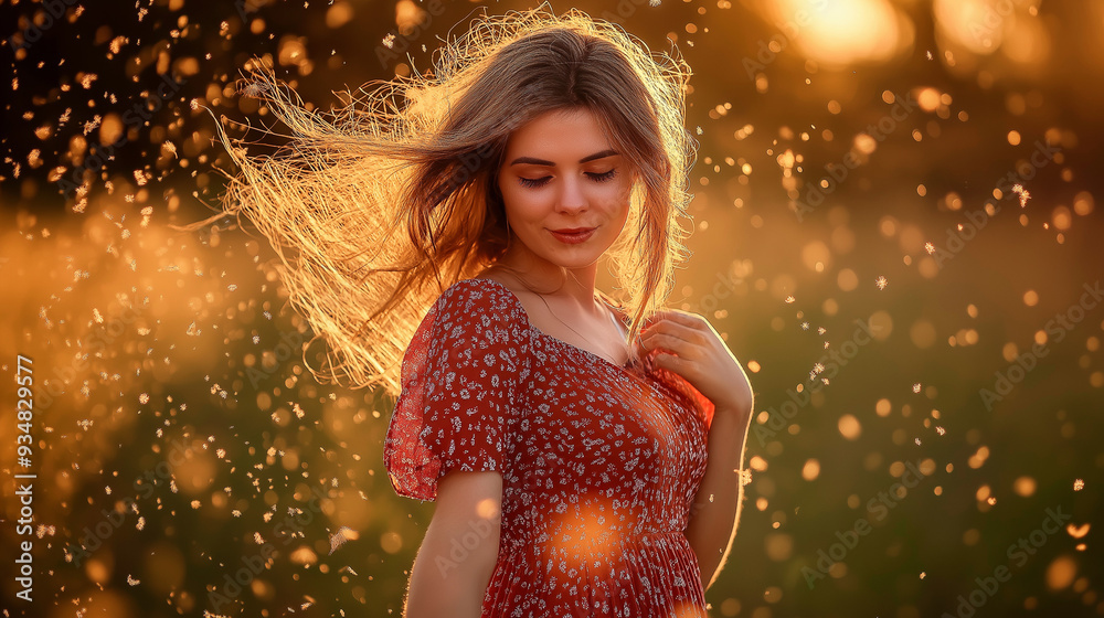 Sticker portrait of a smiling woman in a red dress