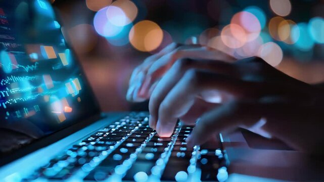 Close-up of a hand typing on a laptop keyboard with colorful bokeh lights in the background.