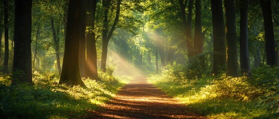 An enchanting forest path with tall trees and sunlight filtering through the leaves creating a magical and inviting ambiance