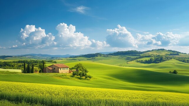 A picturesque countryside landscape with rolling green hills, a charming farmhouse, and a clear blue sky dotted with fluffy clouds