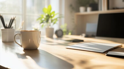 Calm workspace with minimalist design natural lighting and a cup of coffee creating harmony between productivity and relaxation