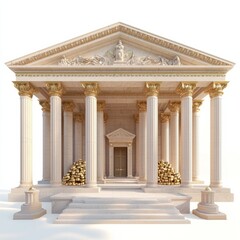 Obraz premium 3D Render of a royal treasury hall with grand columns and treasure piles, on isolated white background