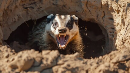 Fototapeta premium A badger with its mouth open, snarling from its burrow.