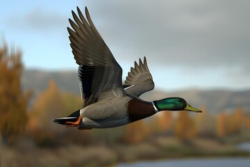 Obraz premium A flock of mallard ducks, their wings outstretched, soar above a serene lake, their brown feathers contrasting against the blue skyA flock of mallard ducks, their wings outstretched, soar above a sere