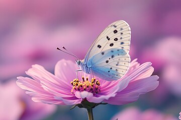 Fototapeta premium White butterfly on a pink flower. A delicate image of nature's beauty and tranquility, perfect for projects related to spring, growth, and new beginnings.