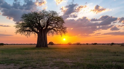 Fototapeta premium Baobab Tree Silhouette at Sunset in African Savanna