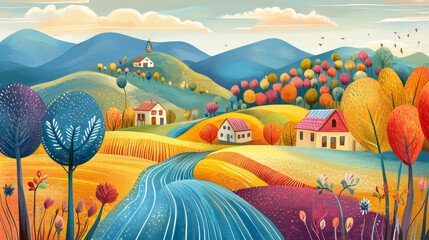 Abstract vector illustration of nature and landscape, featuring trees, countryside, mountains, flowers, plants, a house, fields, a farm, patterns, a windmill, and villages. Suitable for use.
