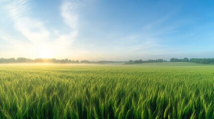 Obraz premium Green Wheat Field At Sunrise With Fog