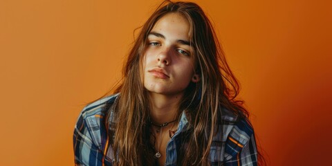 Upright image of an appealing non-binary person with lengthy hair, dressed in smart casual attire, gazing directly at the camera.