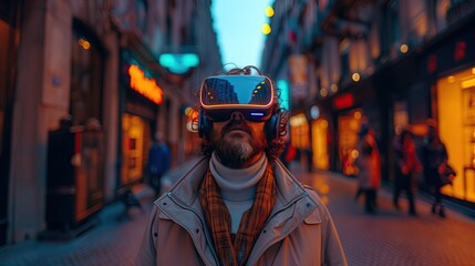 Businessman in big city using smartphone and wearing VR glasses and looking up with surprise. Ecommerce visualization concept for global business opportunity.