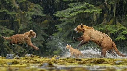 Naklejka premium Brown Bear Cubs Playing in a River.
