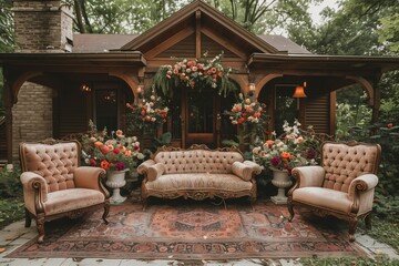 Obraz premium Elegant Vintage Sofa Set Surrounded By Lush Flowers Near Cozy Cabin