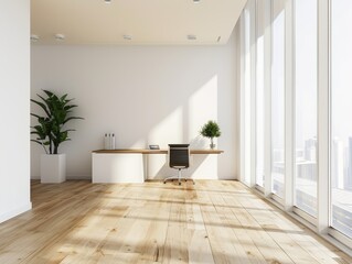 Fototapeta premium Minimalist Office Space with a Wooden Desk and Large Windows