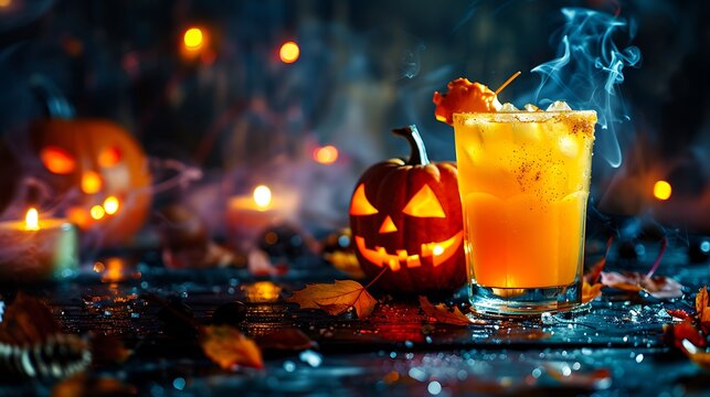 Orange pumpkin cocktails for halloween festive drink halloween party funny a glowing beverage glass and a pumpkin on a dark background