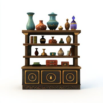 recommend clip art: 3D Render of a royal treasury shelf displaying priceless artifacts and rare gems, on isolated white background