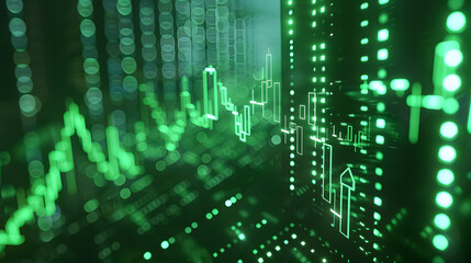 A bullish stock exchange market graph showing green, with buying hours, volume chart