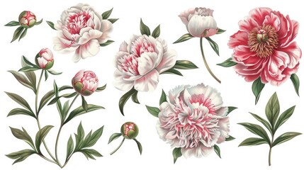 Peony art featuring floral illustrations of peony buds, leaves, and borders arranged in a seamless pattern.