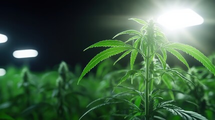 Close-up of a cannabis plant flowering under bright grow lights