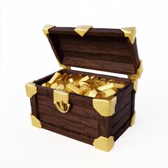 3D Render of a royal treasury trunk with gold ingots and precious artifacts, on isolated white background