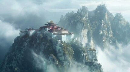 Fototapeta premium Serene mountain monastery. A monastery on a misty mountain, offering peace and spiritual growth.