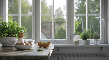 Fototapeta premium Rustic wooden table with fruit bowl and greenery near window.
