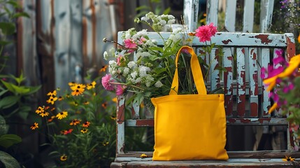 Fresh flowers surround a yellow tote bag that is blank and rests on an old chair outside