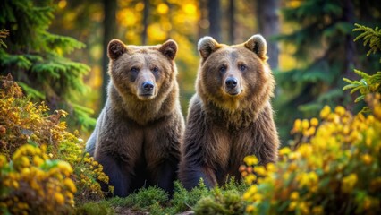 Obraz premium Two brown bears in the forest, one on all fours looking at the camera with green plants, yellow foliage, and trees in the background