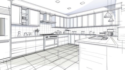 Hand Drawn Sketch of a Modern Kitchen Design.