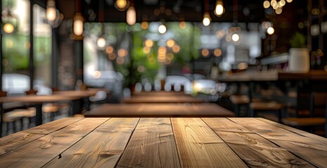 Fototapeta premium Wooden Tabletop with Blurred Background of a Cafe Interior