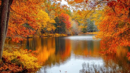 A serene autumn landscape featuring vibrant orange and yellow foliage reflecting in a calm lake, creating a peaceful atmosphere.