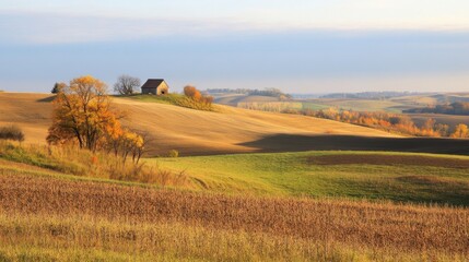 Fototapeta premium A serene countryside landscape featuring rolling hills, a quaint farmhouse, and vibrant autumn foliage under a clear sky.