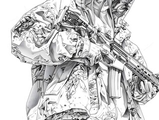 Black and White Illustration of a Person Holding a Rifle.