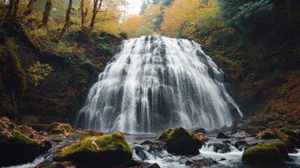 A serene waterfall flowing through vibrant autumn foliage, surrounded by mossy rocks and tranquil nature, creating a picturesque scene.