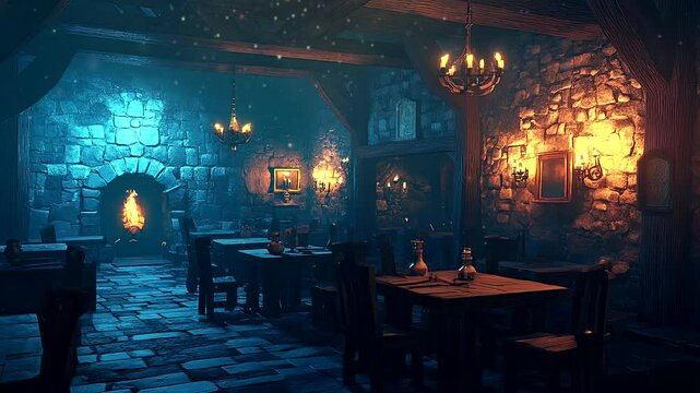 Cozy medieval tavern interior with warm candlelight and rustic stone walls. Seamless looping 4k time-lapse animation video background