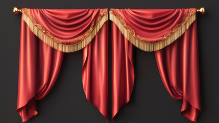 Realistic curtains in 3D vector: red folded cloth with gold tassels and pelmet, suitable for window or theater stage decoration. Luxury silk or velvet drapery mockup for interior design.