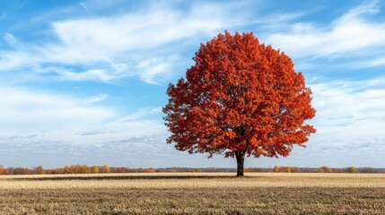A vibrant red tree stands alone in a field under a bright blue sky, showcasing autumn's vivid colors and natural beauty.