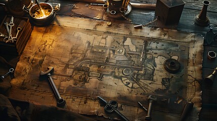 Vintage Map with Tools and Equipment.