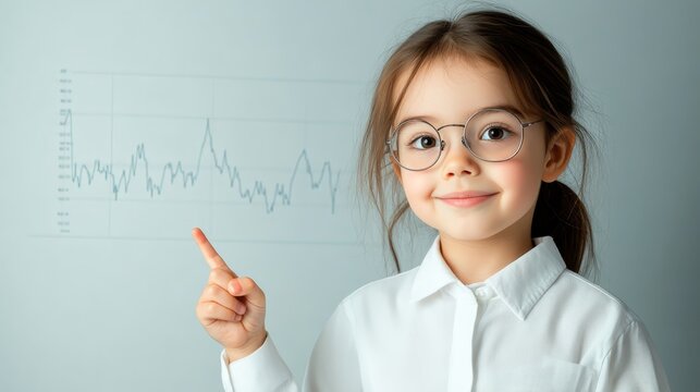 Little Girl Pointing at Graph Business Kid Young Entrepreneur Future Leader Child with Glasses Success Growth Chart Financial Investmen - Powered by Adobe
